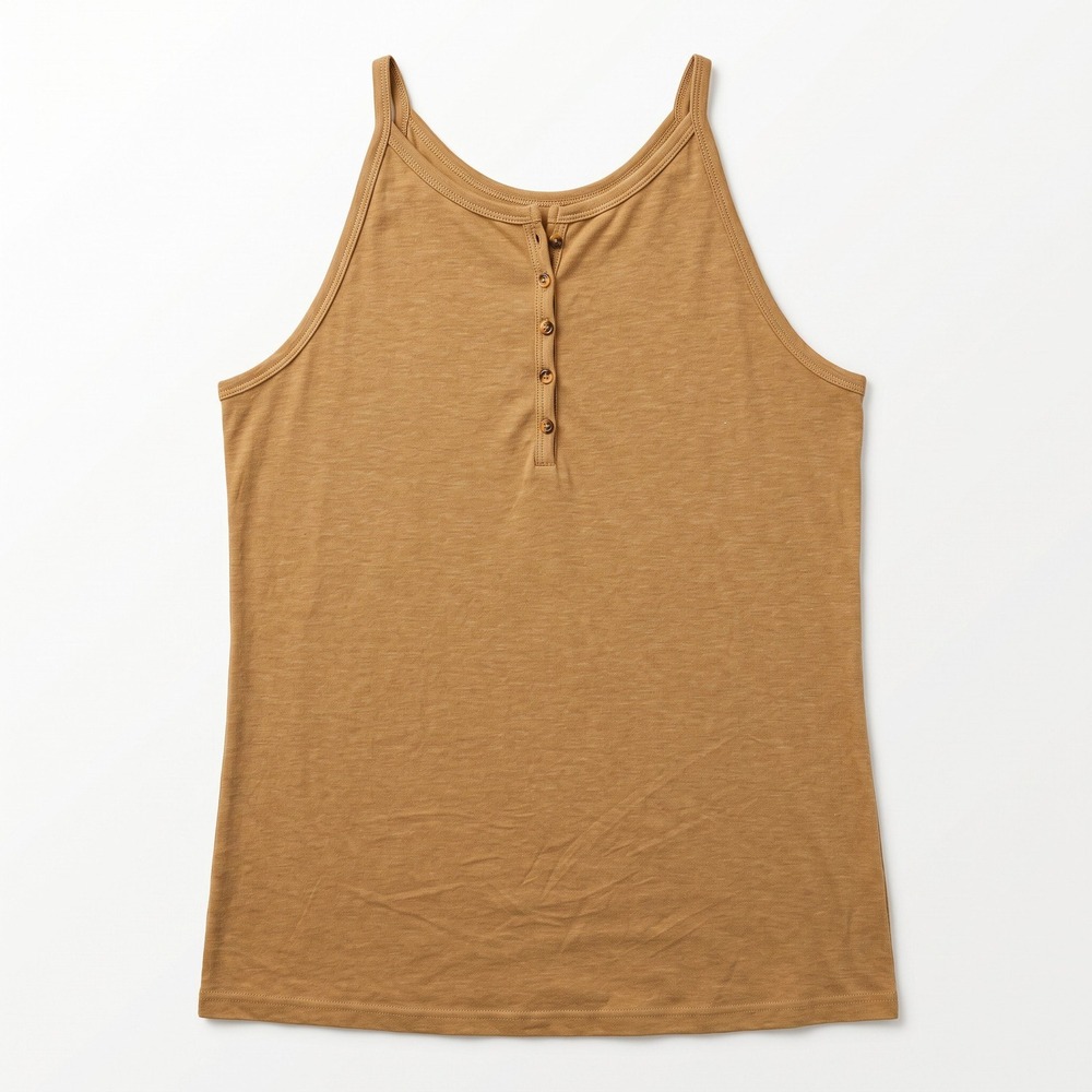 Womens Camel Tan Henley Cami Tank Top Sleeveless Casual Boho Minimalist